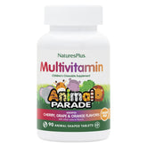 NaturesPlus Animal Parade multivitamin bottle label highlights sugar-free nutrition for kids.