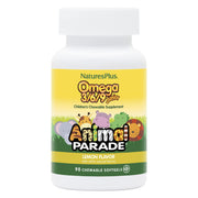 NaturesPlus Animal Parade Omega 3/6/9 Junior lemon softgel bottle promotes daily fatty acids for kids
