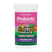 NaturesPlus Animal Parade mixed berry probiotic chewables packaging for kids' daily digestion.