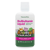 NaturesPlus Animal Parade Tropical Berry bottle pour shows easy daily dosing for kids.