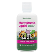 NaturesPlus Animal Parade Tropical Berry bottle pour shows easy daily dosing for kids.