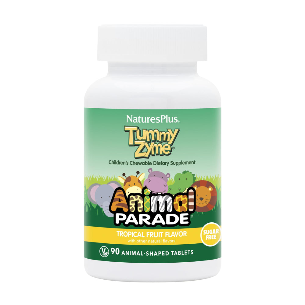 NaturesPlus Animal Parade Tummy Zyme dog-shaped tablets support gentle digestion for kids.