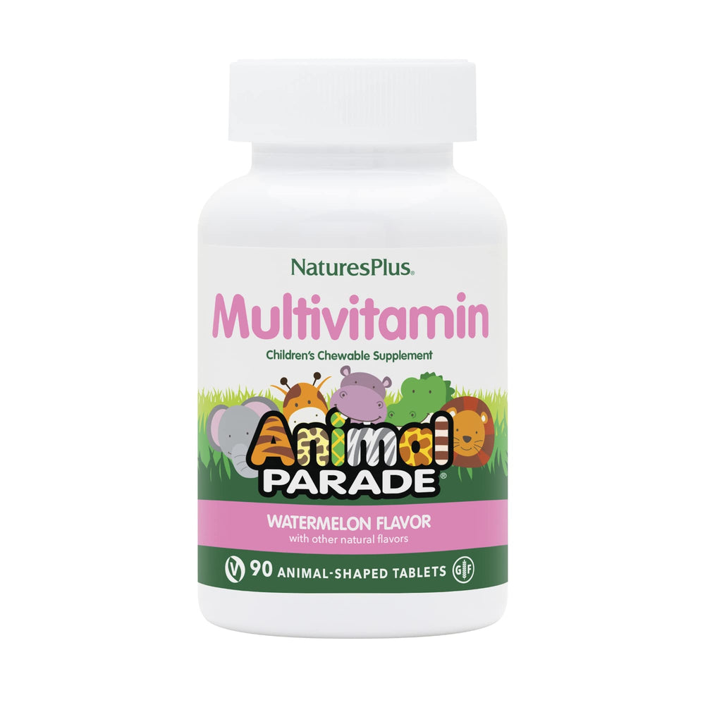 NaturesPlus Animal Parade watermelon chewables bottle, kid friendly daily nourishment.