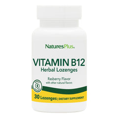 NaturesPlus B12 lozenges raspberry bottle front, daily supplement.