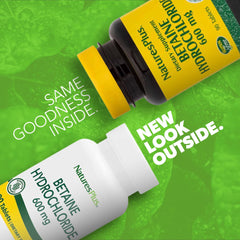 Close-up of NaturesPlus Betaine HCl 600 mg tablets emphasizing easy daily dosing
