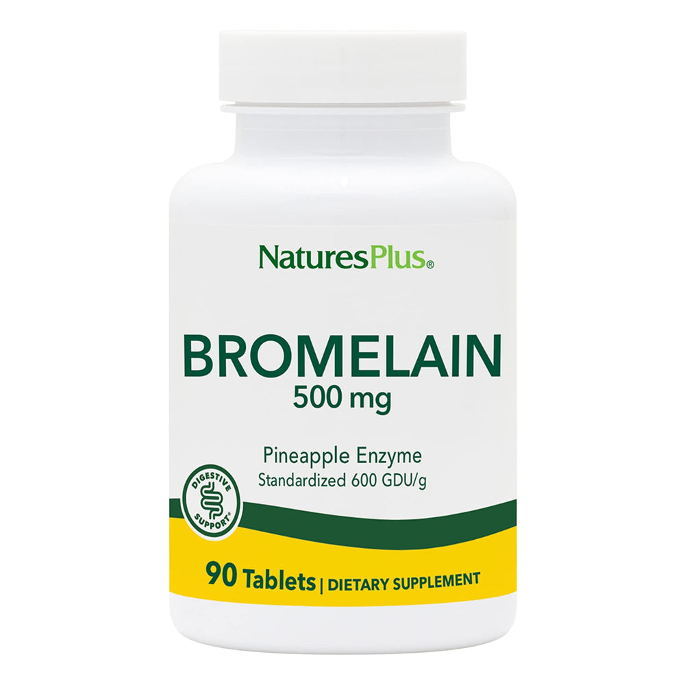 NaturesPlus Bromelain 500 mg tablets in bottle, emphasizing 90 servings for daily wellness.