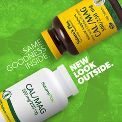 NaturesPlus Cal/Mag tablet-closeup shows smooth vegetarian tablets with balanced minerals for daily energy