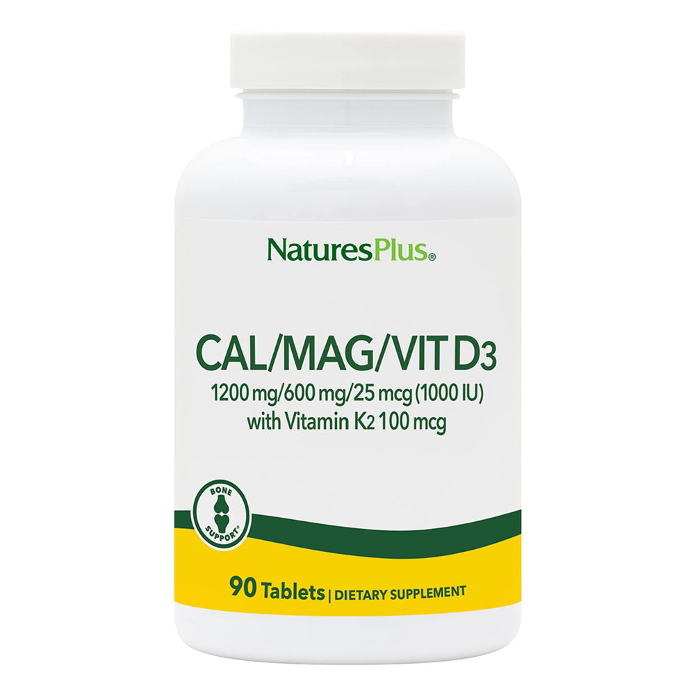 NaturesPlus Calcium Magnesium Vitamin D3 K2 bottle showing a high-potency bone support blend.
