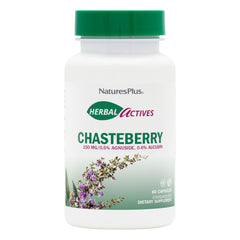 NaturesPlus Chasteberry bottle with capsules promoting hormone balance and daily wellness.