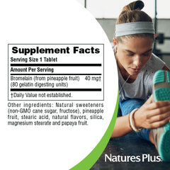 NaturesPlus chewable bromelain 40 mg tablets close-up highlights texture and flavor.