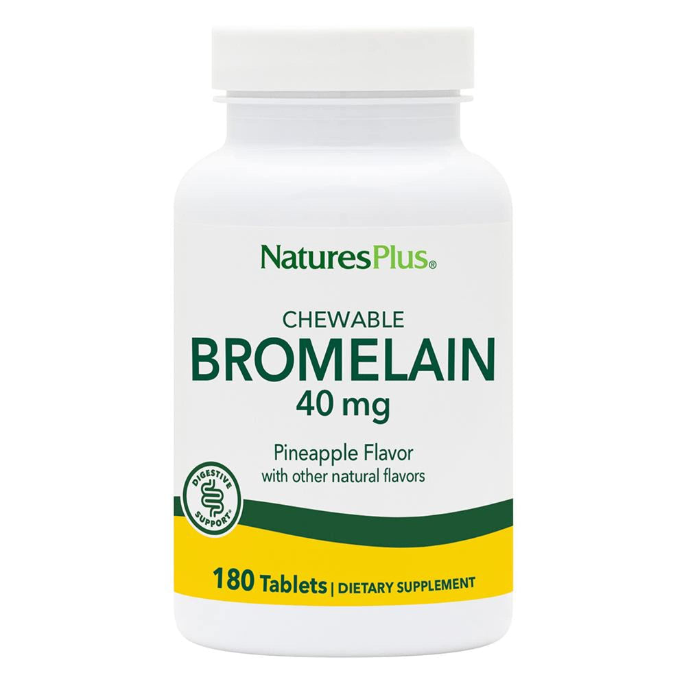 NaturesPlus chewable bromelain 40 mg tablets front view for easy daily use.