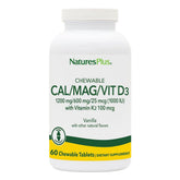 NaturesPlus vanilla chewables bottle showing Cal/Mag/Vit D3 K2 formula for daily support