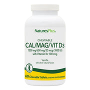 NaturesPlus vanilla chewables bottle showing Cal/Mag/Vit D3 K2 formula for daily support