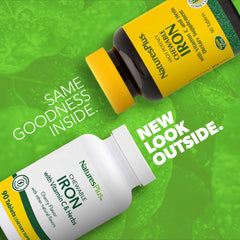 NaturesPlus chewable iron tablets close-up, easy-to-chew texture for daily use