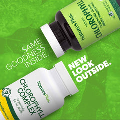 NaturesPlus Chlorophyll Complex bottle back shows ingredients and serving info.