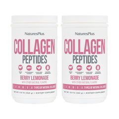 NaturesPlus Collagen Peptides Berry Lemonade tub front, suggesting daily hair, skin, and nails support.