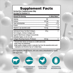 NaturesPlus Collagen Peptides Berry Lemonade tub ingredient close-up shows collagen types I, II, III, IV, V, X.
