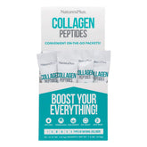 NaturesPlus Collagen Peptides stick packets arranged for on-the-go wellness support for hair, skin, and nails