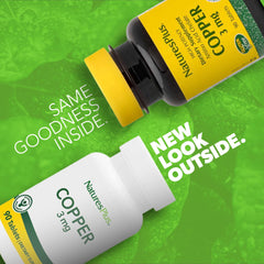 NaturesPlus Copper 3 mg tablets shown as compact, easy-to-take pills