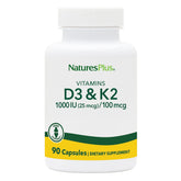 NaturesPlus D3 K2 bottle front with 90 capsules for daily energy and bone-friendly use.
