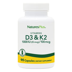 NaturesPlus D3 K2 bottle front with 90 capsules for daily energy and bone-friendly use.