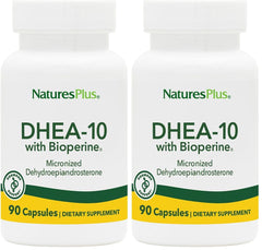 NaturesPlus DHEA 10 with Bioperine bottle, gluten-free daily supplement.