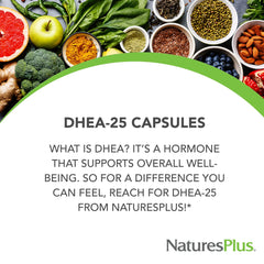 NaturesPlus DHEA-25 capsules closeup emphasizes compact 60-serving container for routines.