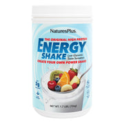 NaturesPlus Energy Shake jar with scoop shows a ready protein source for busy mornings.