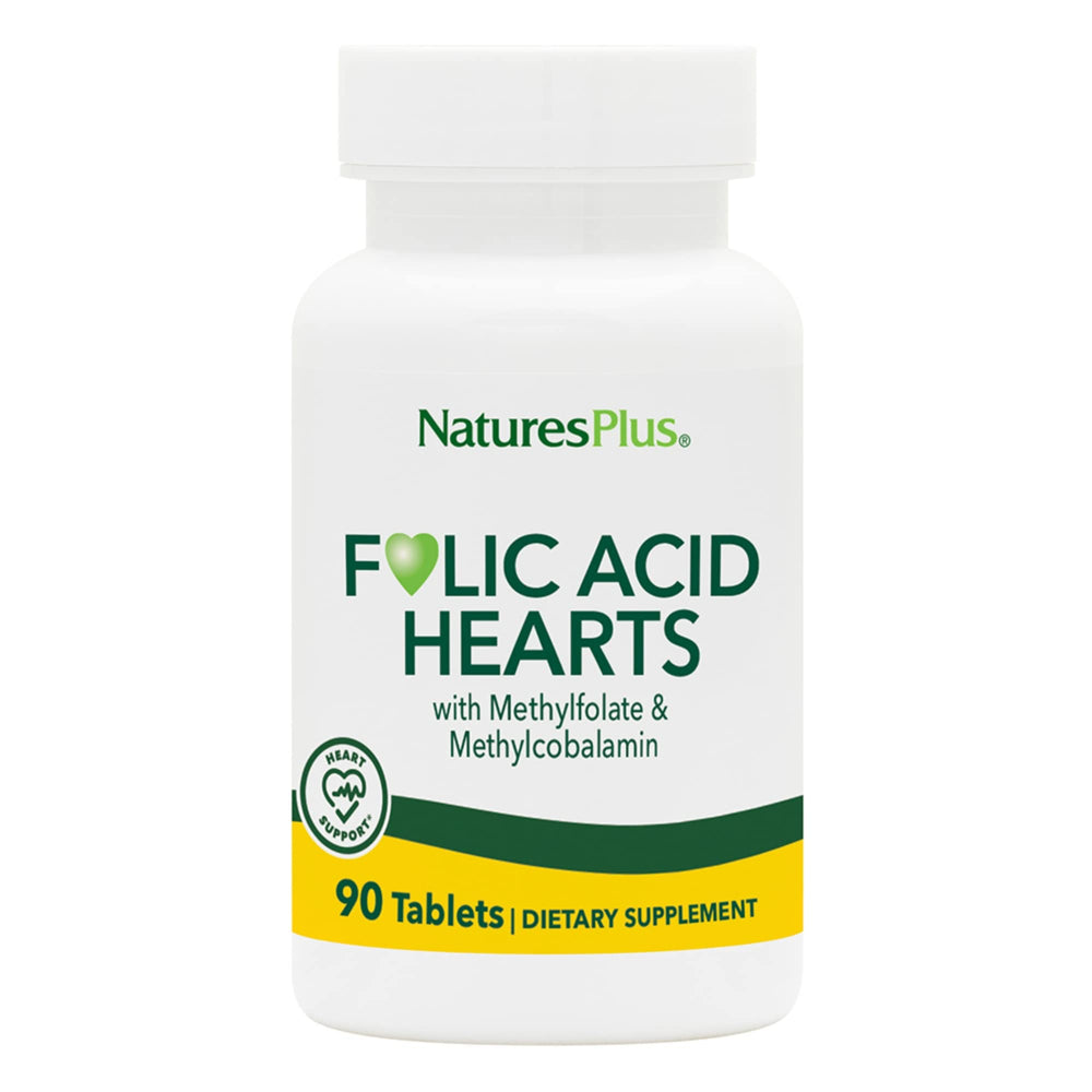 NaturesPlus Folic Acid Hearts bottle front with heart-shaped tablets for daily wellness.