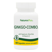 NaturesPlus Gingko-Combo bottle close-up with 60 vegan capsules for vegetarian, gluten-free lifestyles.