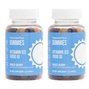 NaturesPlus Gummies D3 bottle shows 1000 IU per gummy for daily bone support.