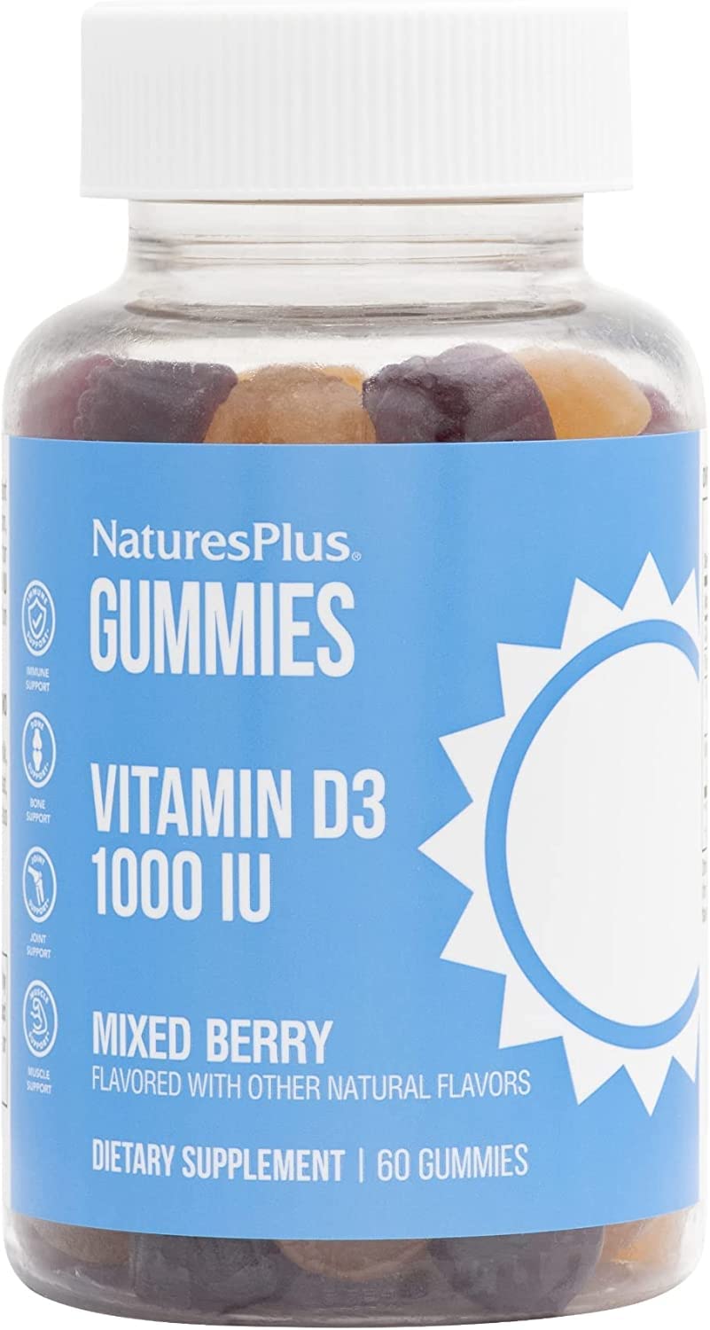 NaturesPlus Gummies Vitamin D3 1000 IU berry bottle highlights vegan, gluten-free support for daily wellness