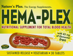 NaturesPlus Hema-Plex Iron bottle shows 30 slow-release tablets for steady iron support.