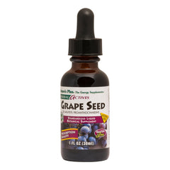 NaturesPlus Herbal Actives Grape Seed bottle shows vegan, alcohol-free drops for daily antioxidant support
