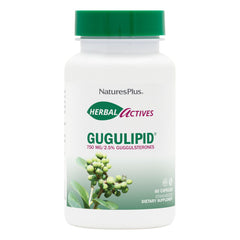 NaturesPlus Herbal Actives Gugulipid bottle close-up showing vegan capsules for cholesterol maintenance support