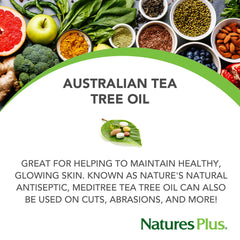 NaturesPlus Meditree Tea Tree Oil dropper shows precise dosing for pore cleansing