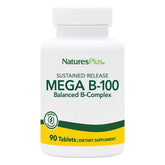 NaturesPlus Mega B-100 bottle with tablets showing sustained-release design for steady energy