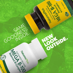 NaturesPlus Mega B-100 tablets close-up highlights the sustained-release format for steady energy