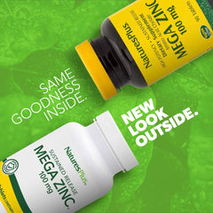NaturesPlus Mega Zinc bottle front displaying vegetarian and gluten-free labeling.