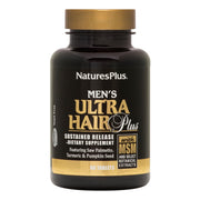 NaturesPlus Men's Ultra Hair Plus bottle showing sustained-release tablets for daily hair vitality.