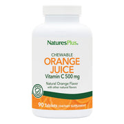 NaturesPlus Orange Juice chewable tablets bottle highlighting convenient daily vitamin C.