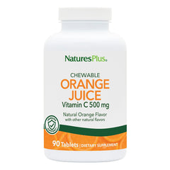 NaturesPlus Orange Juice chewable tablets bottle highlighting convenient daily vitamin C.
