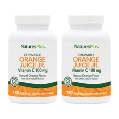 NaturesPlus Orange Juice Jr. bottle front with 360 chewables and 100 mg Vitamin C.