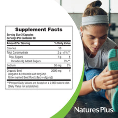 NaturesPlus Organic Beet capsules label displays USDA Organic and vegan credentials.
