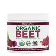 NaturesPlus Organic Beet Powder bottle with vibrant red powder for a convenient daily boost.