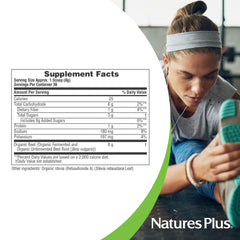 NaturesPlus Organic Beet Powder close-up showing bright powder for smoothies.