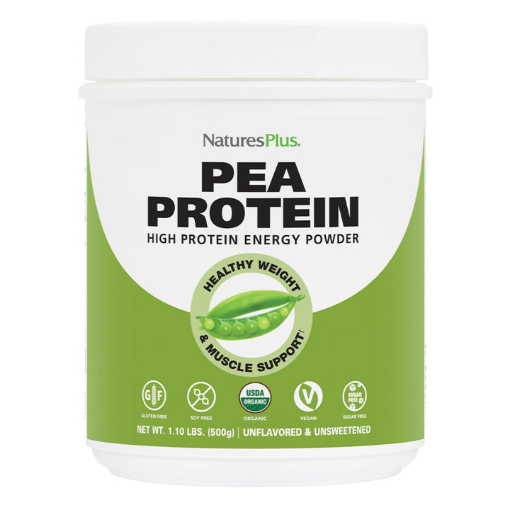 NaturesPlus Organic Pea Protein bottle front for a clean vegan protein boost