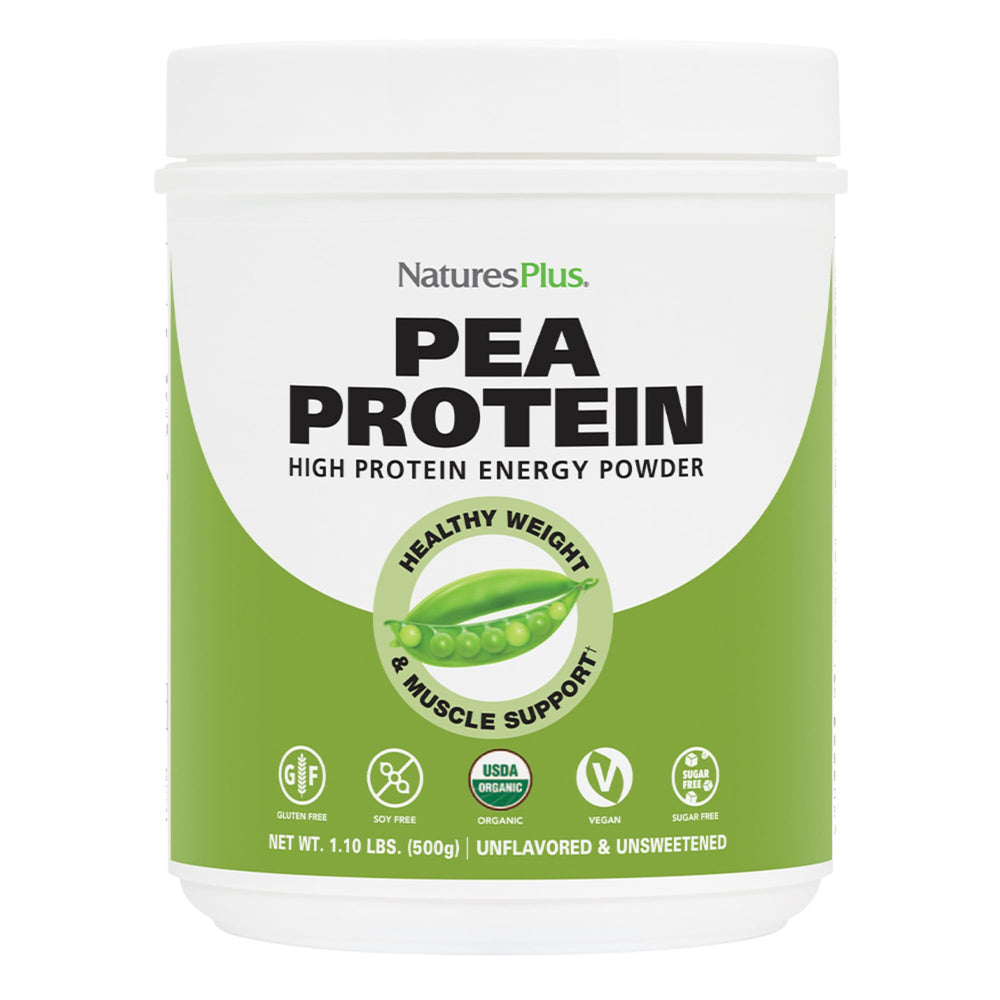 NaturesPlus Organic Pea Protein bottle front for a clean vegan protein boost
