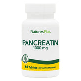 NaturesPlus Pancreatin tablets bottle shown, supports digestion with a balanced enzyme blend.