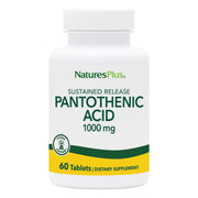 NaturesPlus Pantothenic Acid sustained-release bottle on a clean surface, may support energy metabolism.
